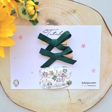 Pine green ribbon barrettes set