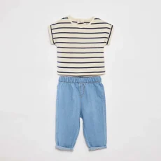 Striped T-shirt and denim trousers set - 2-piece set WHITE