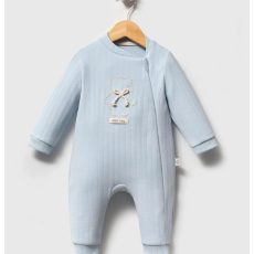 Baby Boy Ribbed Blue Sleepsuit with Bear Embroidery