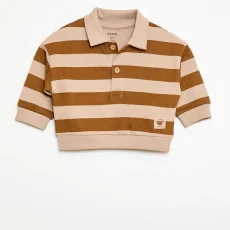 Striped Polo Collar Sweatshirt - Beige