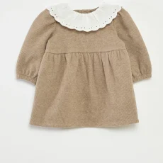 Interlock dress with large collar in cotton gauze - Beige