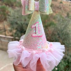 Pink Glitter First Birthday Party Hat with Removable Bow