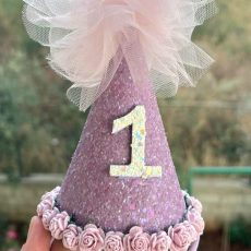 Purple Glitter Floral First Birthday Party Hat