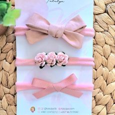 Blush Bow & Floral Headband Set – 3 Pieces