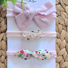 Pink Bow & Floral Headband Set – 3 Pieces
