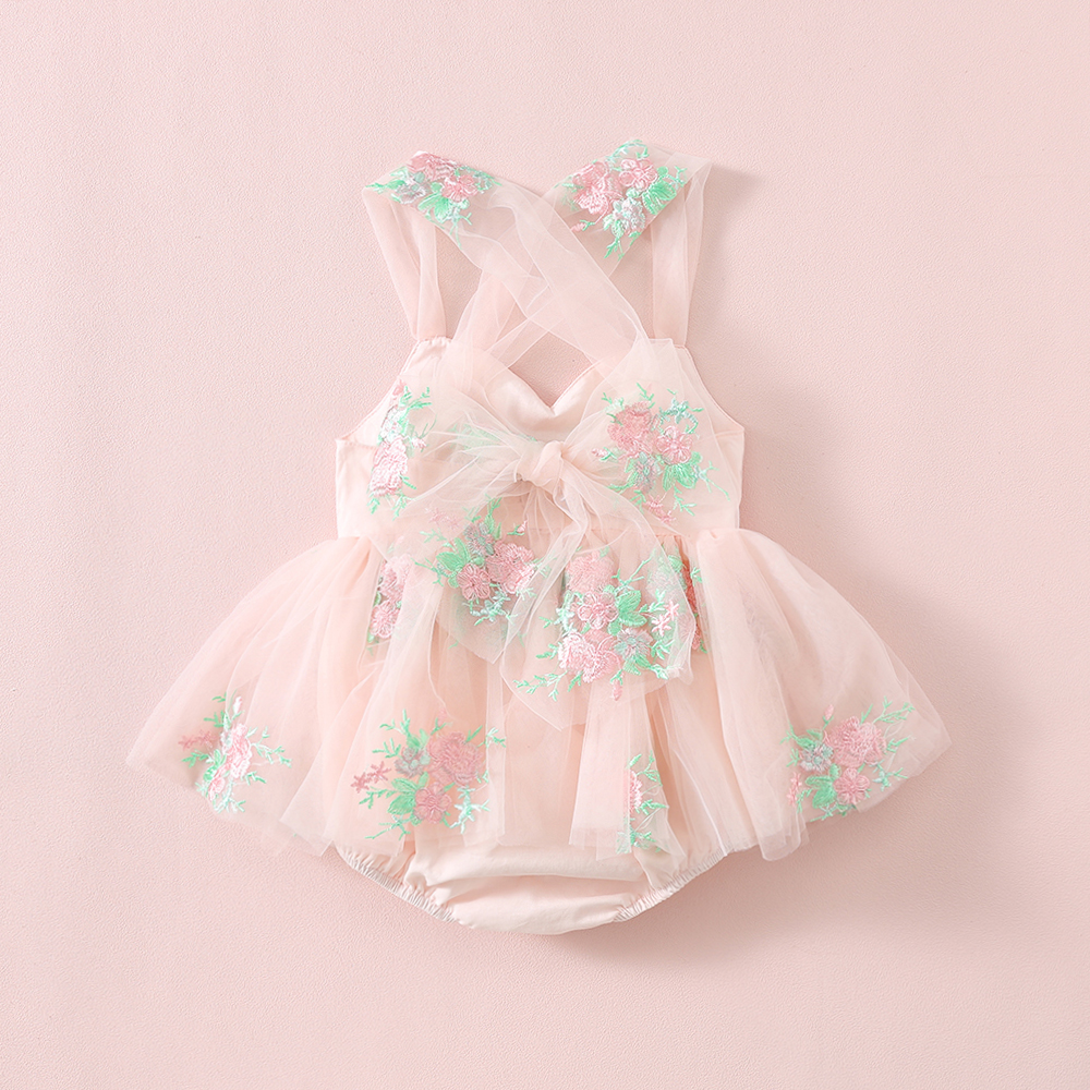 Pink Floral Embroidered Tulle Romper - Image 2
