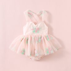 Pink Floral Embroidered Tulle Romper
