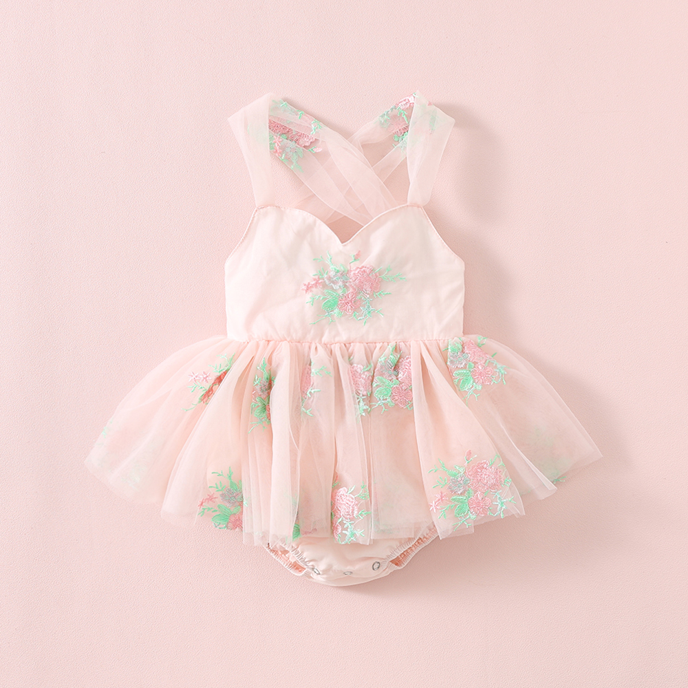 Pink Floral Embroidered Tulle Romper