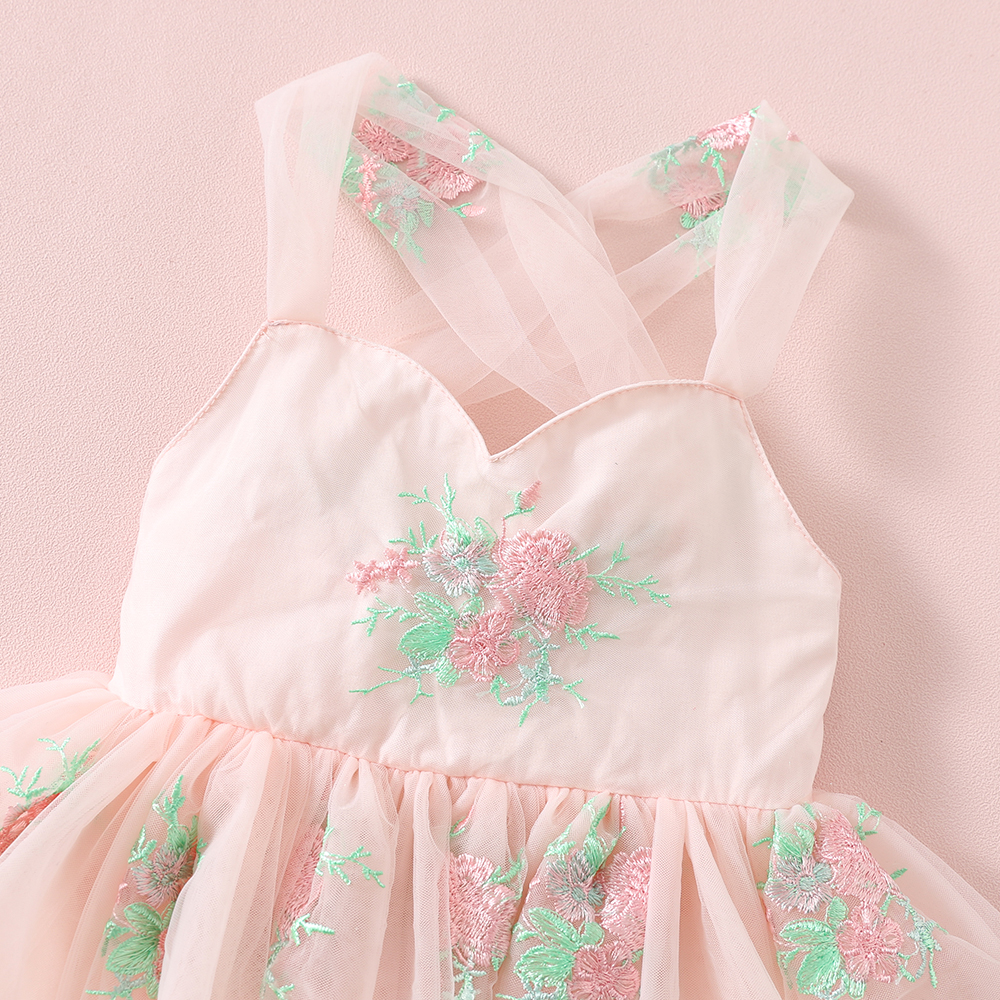Pink Floral Embroidered Tulle Romper - Image 7