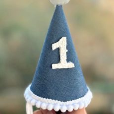 Blue One Birthday Hat with Pom-Poms