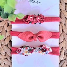 3 Red Piece Floral & Bow Baby Headband Set