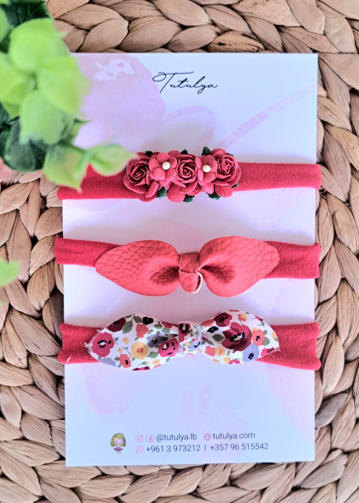 3 Red Piece Floral & Bow Baby Headband Set